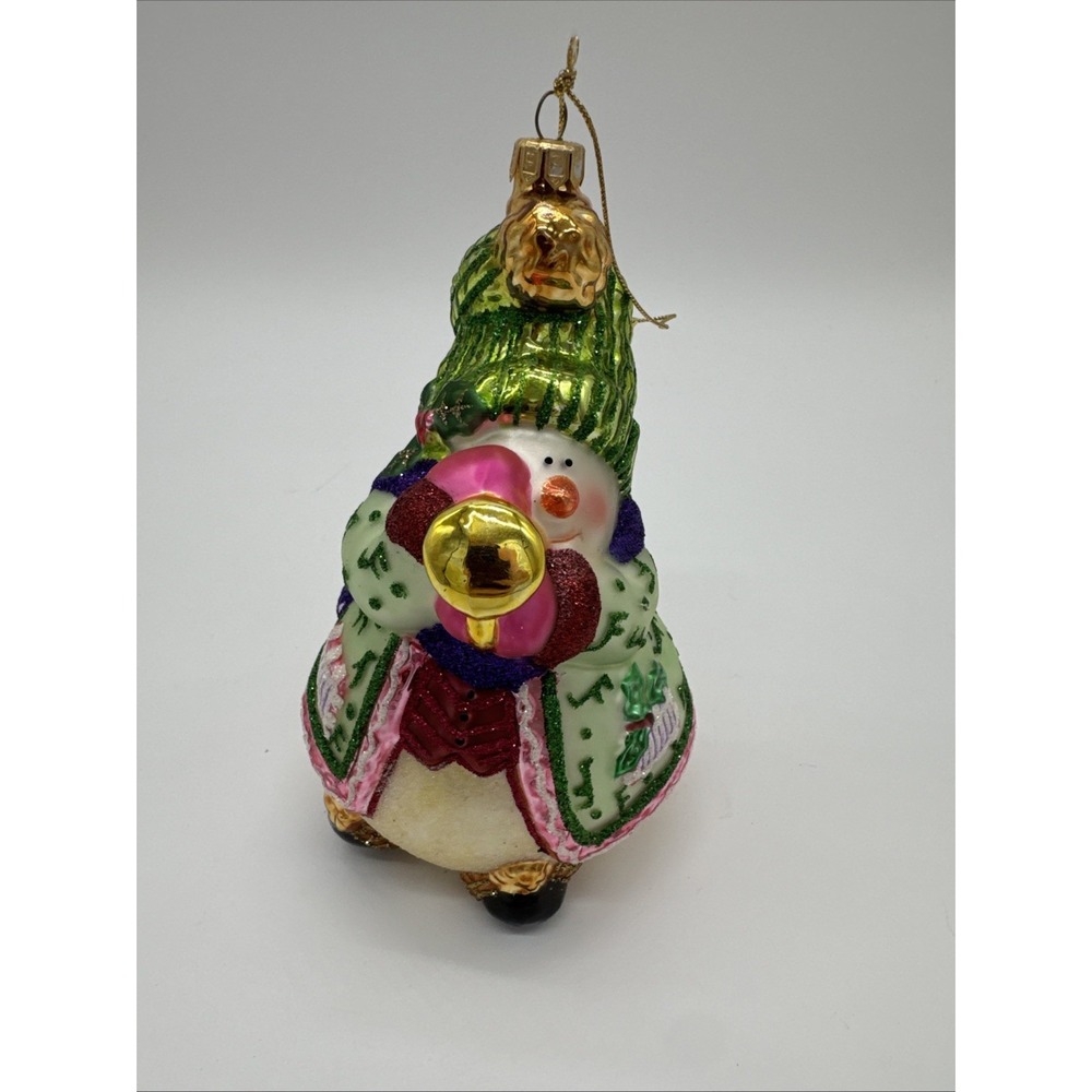 Fitz and Floyd Large 7" Glass Christmas Ornament Snowman with Horn